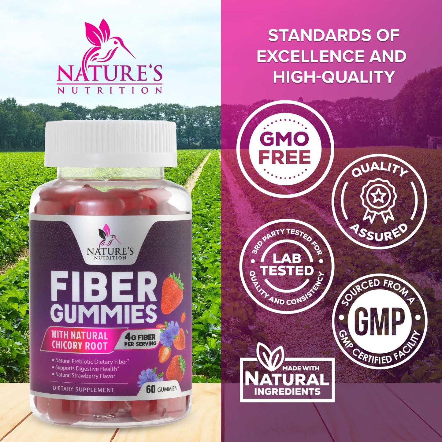 Nature's Nutrition Fiber Gummies for Adults, Soluble Fiber 4g Per Serving - Plant-Based Prebiotic Fiber Supplement for Digestive Health, Gut Health, & Regularity Support - Vegan Berry Flavor, 60 Gummies