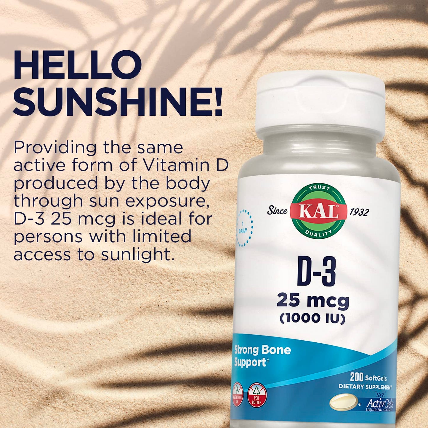 KAL Vitamin D3 1000 IU Softgels, 200 Count