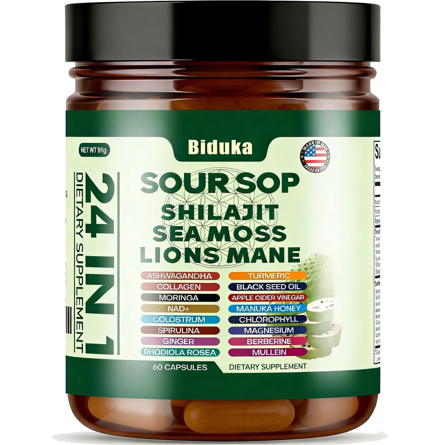 Biduka 24-in-1 Soursop Capsules with Shilajit, Sea Moss, Lions Mane, Ashwagandha, Elderberry, Vitamin C, D3 & Magnesium, 60 Count