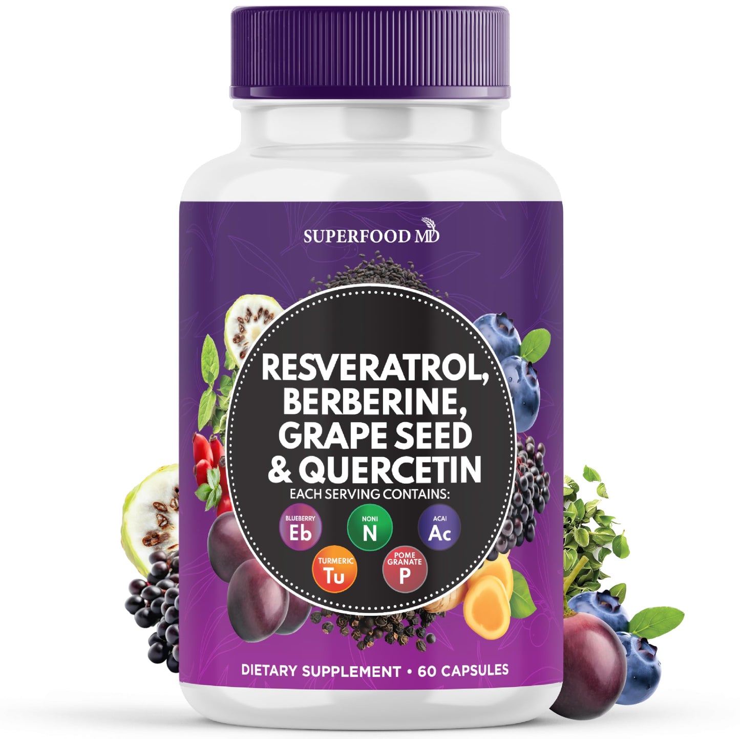 Superfood MD Resveratrol Berberine Grape Seed Extract Quercetin Polyphenol Capsule, 60 Capsules