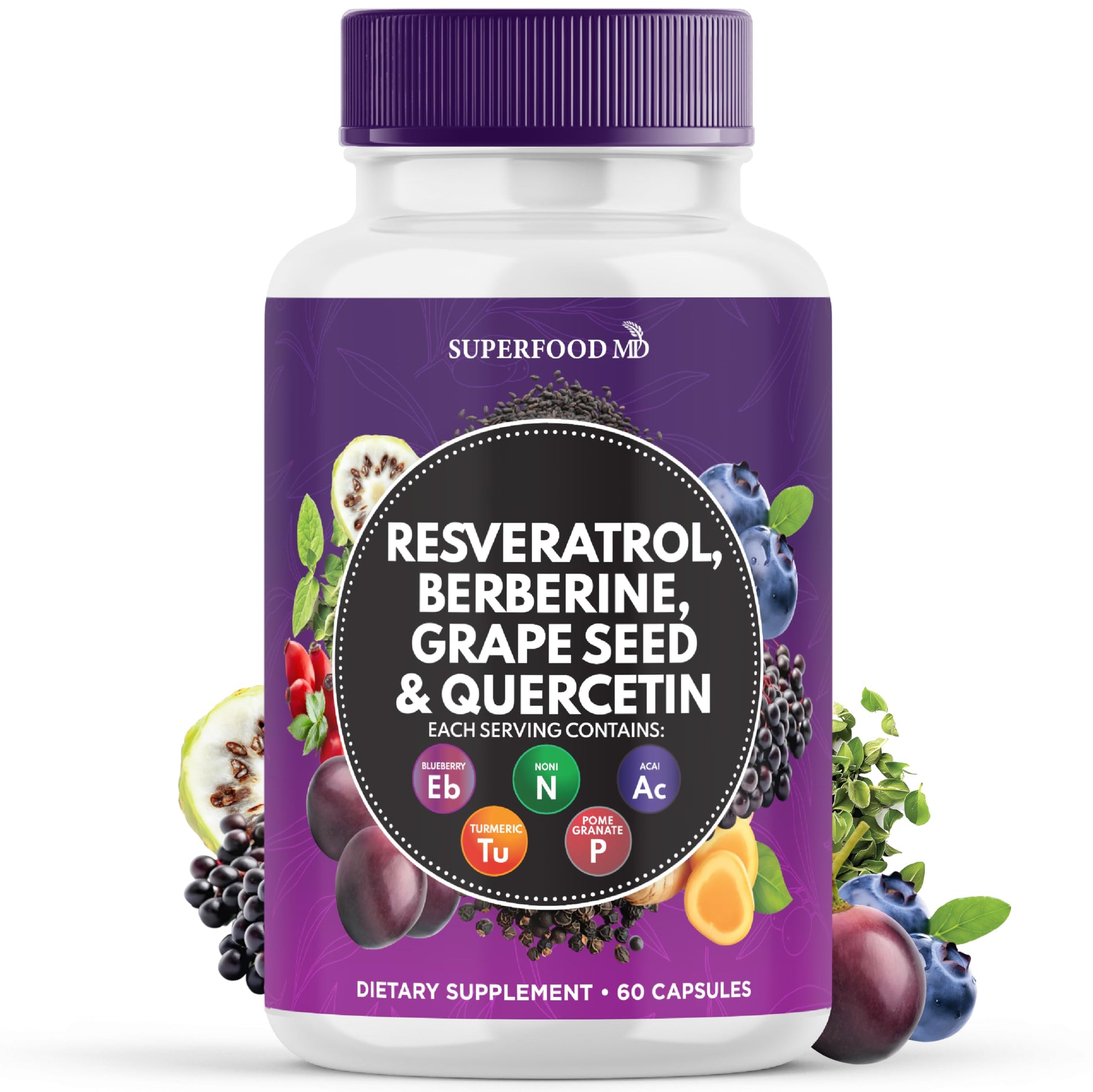 Superfood MD Resveratrol Berberine Grape Seed Extract Quercetin Polyphenol Capsule, 60 Capsules