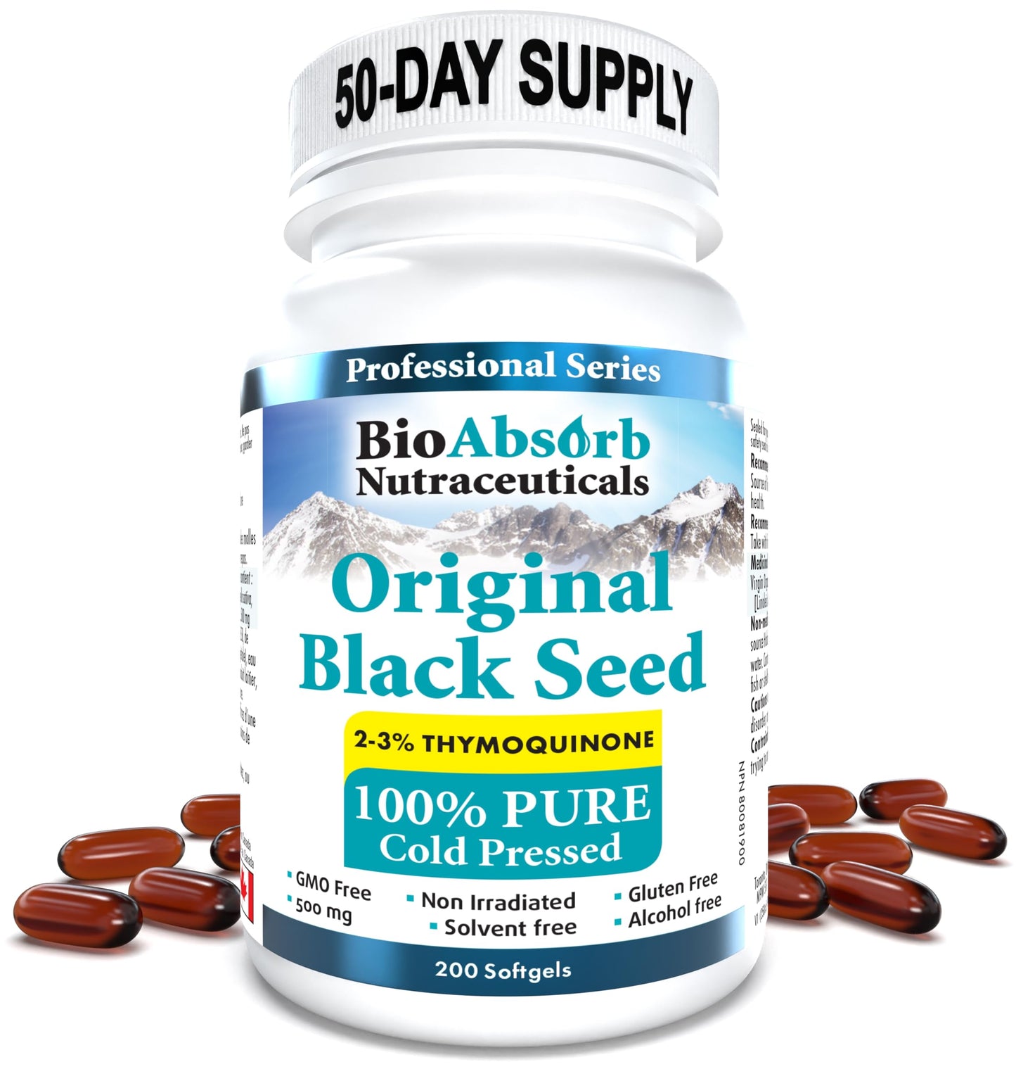 Bio Absorb Nutraceuticals Black Seed Oil Cold Pressed Softgels, 500mg, 200 Count