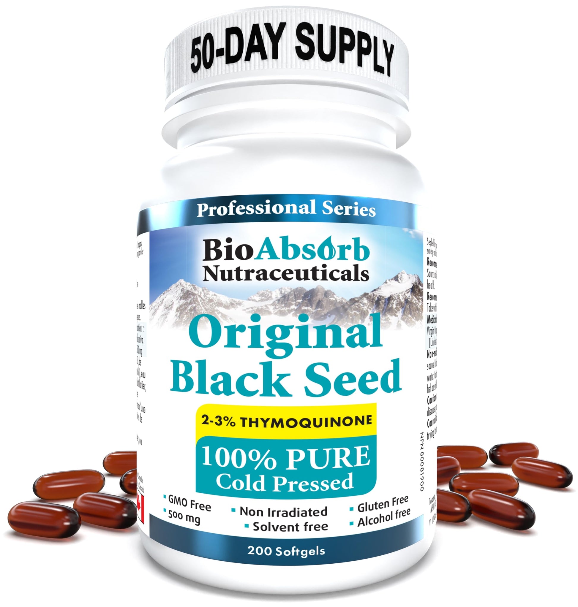 Bio Absorb Nutraceuticals Black Seed Oil Cold Pressed Softgels, 500mg, 200 Count