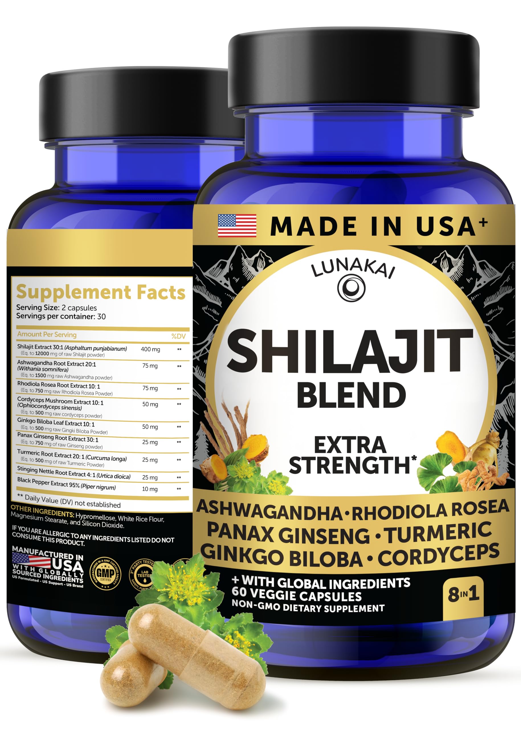 Lunakai USA Made 12000mg Pure Himalayan Shilajit for Men & Women Capsules, 60 Count