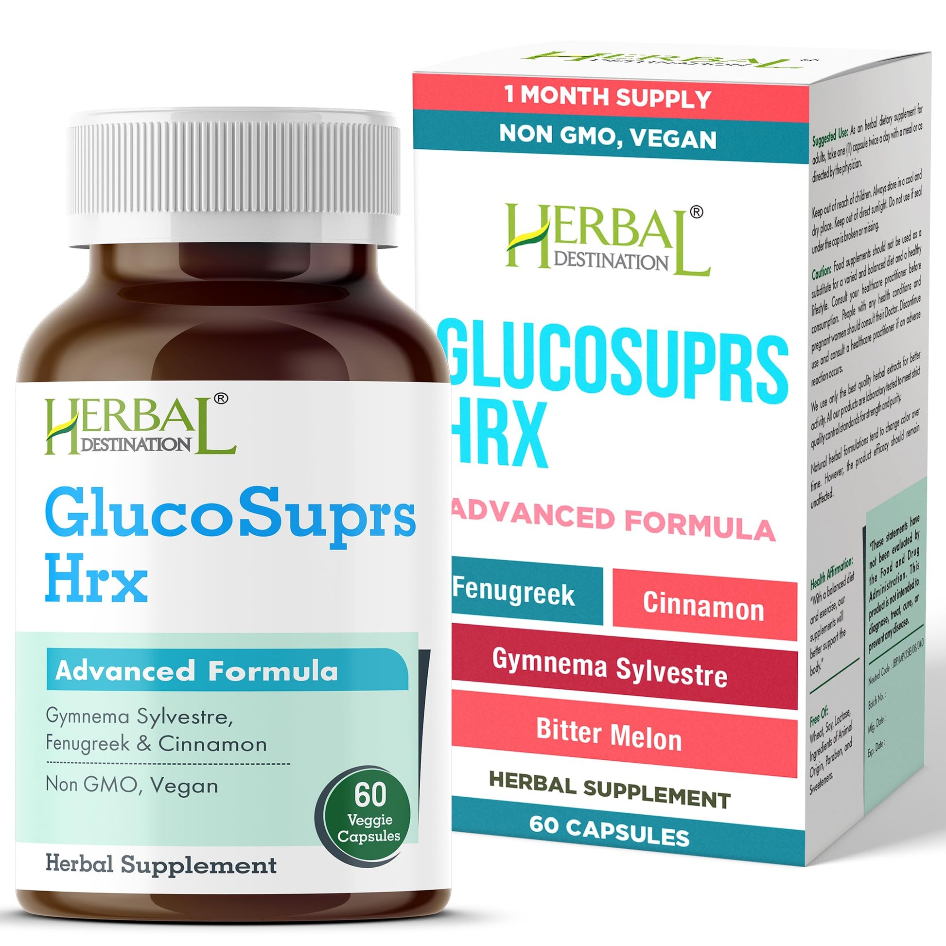 Herbal Destination GlucoSuprs Hrx - Gymnema, Bitter Melon, Salacia, Fenugreek, Cinnamon and Jambolan Capsule 60