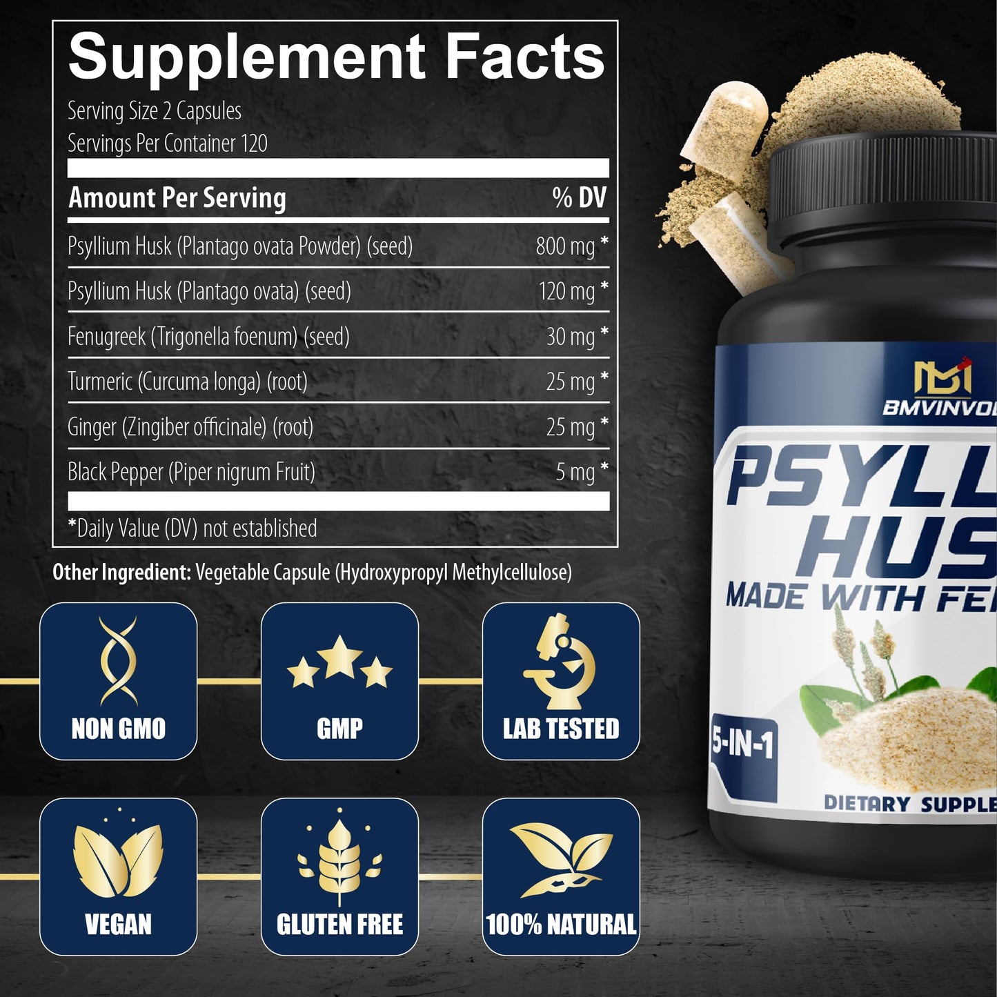 BMVINVOL Psyllium Husk Capsules Fiber Supplement with Fenugreek, Turmeric, Ginger, Black Pepper, 240 Count