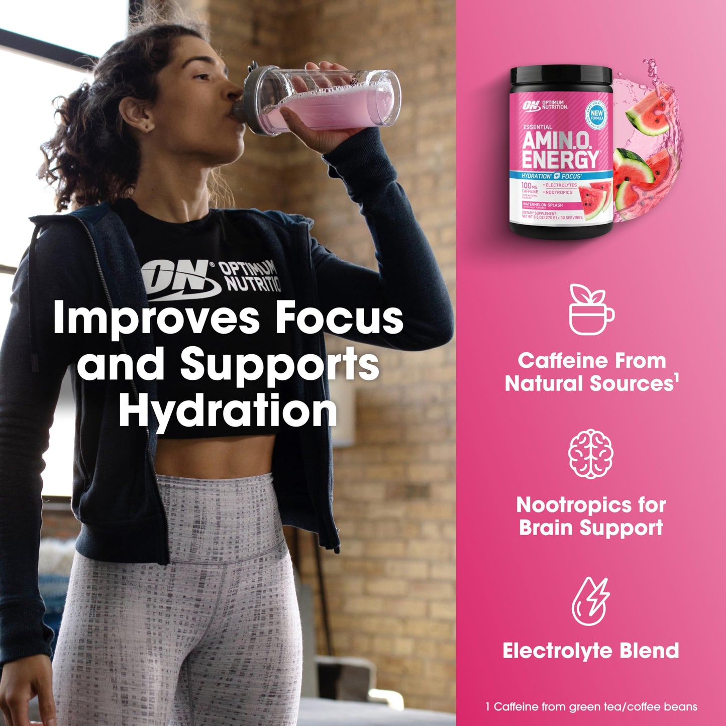 Optimum Nutrition Amino Energy Powder Plus Focus with BCAA, Electrolytes, and Caffeine Watermelon, 9.5 Ounce, 30 Servings
