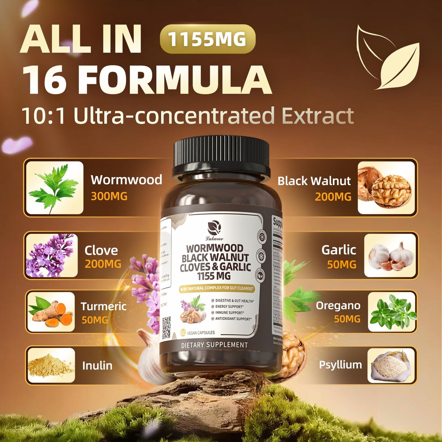 Lukaree 16-in-1 Wormwood Black Walnut Clove Cleanse for Humans – Natural Gut Detox & Digestive Health with Pumpkin Seeds Garlic Oregano Turmeric Capsule 60 Count