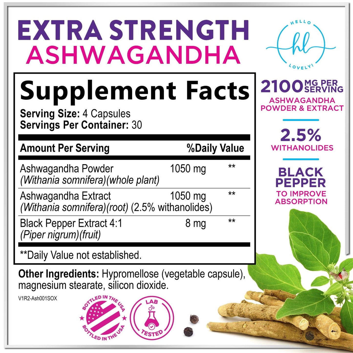 Hello Lovely! Ashwagandha Supplements for Women Capsules, 120 Count