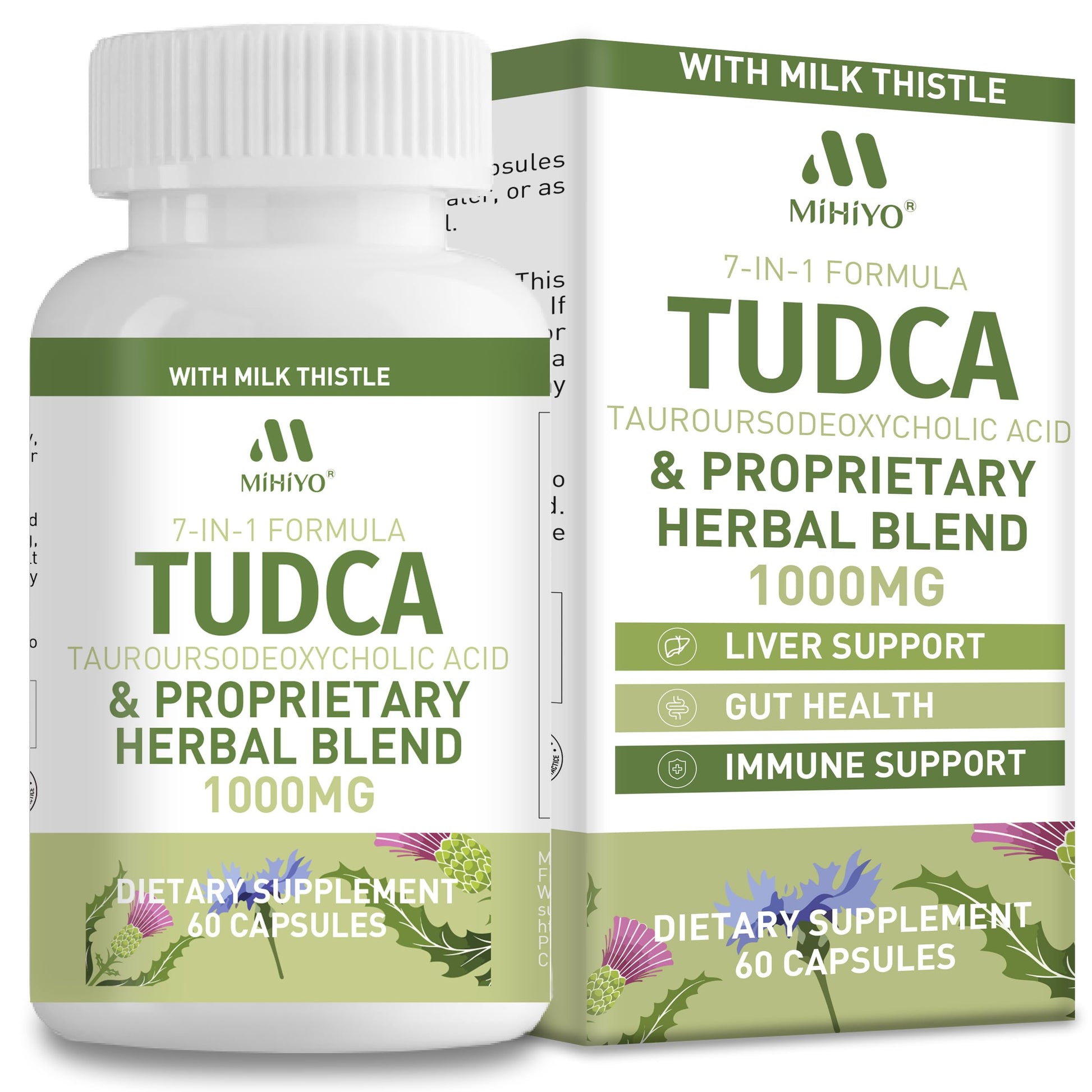 MIHIYO TUDCA 1000mg Liver Support with Milk Thistle, 6-Herb Gallbladder Formula, 60 Capsules