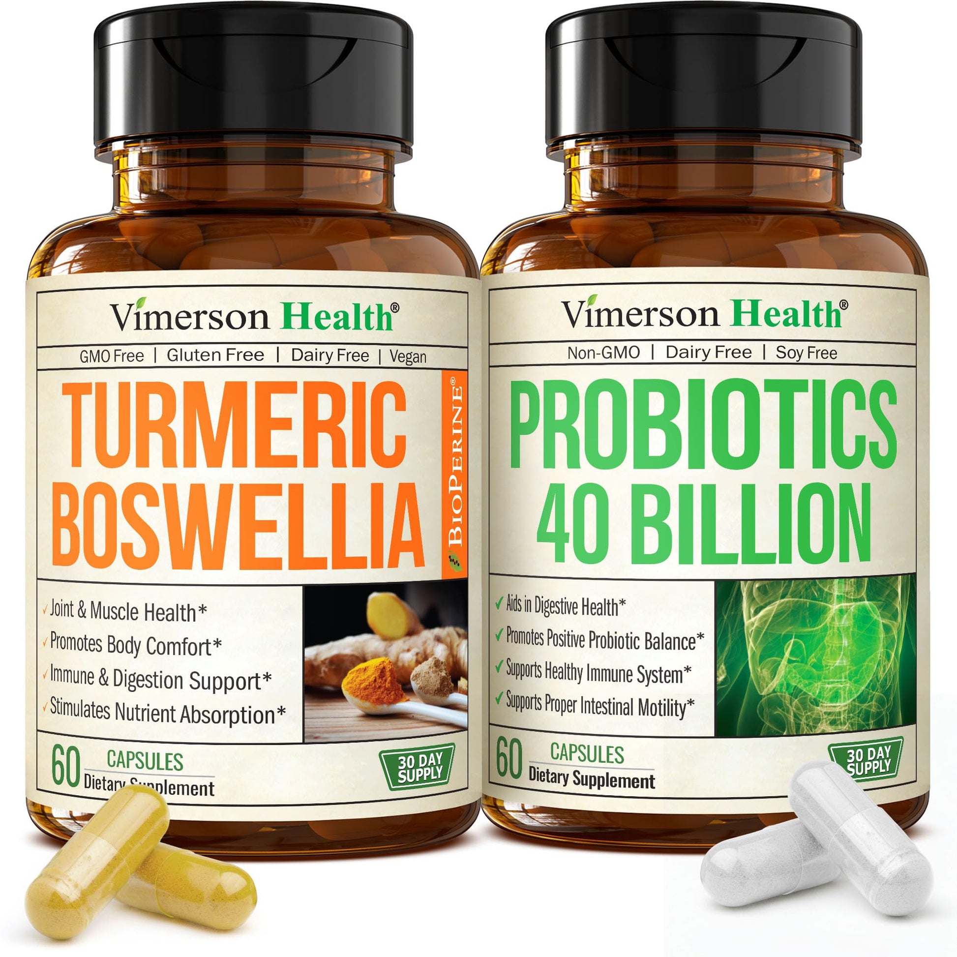 Vimerson Health Boswellia Turmeric Curcumin Supplement + 40 Billion CFU Probiotics, 120 Capsules