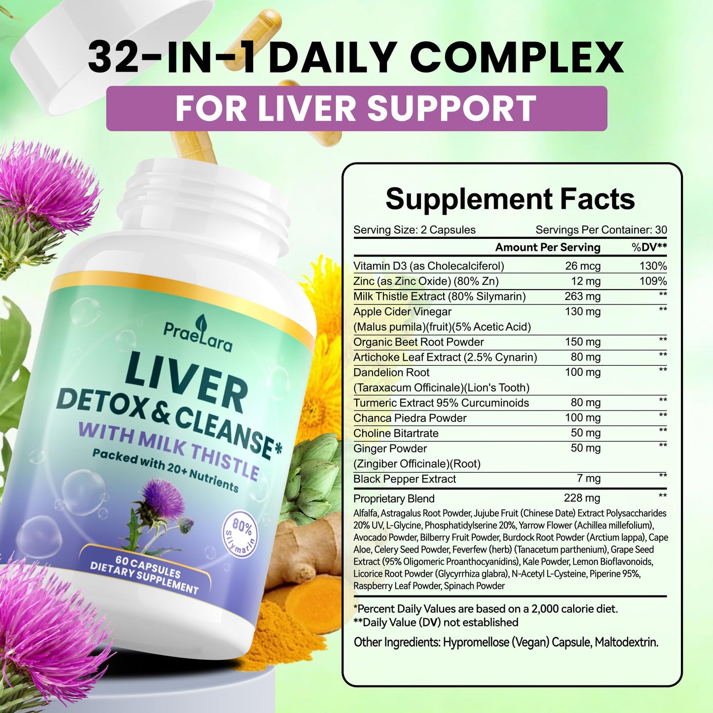 PRAELARA 32-in-1 Liver Cleanse Detox & Repair - Herbal Liver Health Support with Milk Thistle, Dandelion Root, Artichoke & Beetroot 1250mg, Vegan, Non-GMO, 60 Capsules