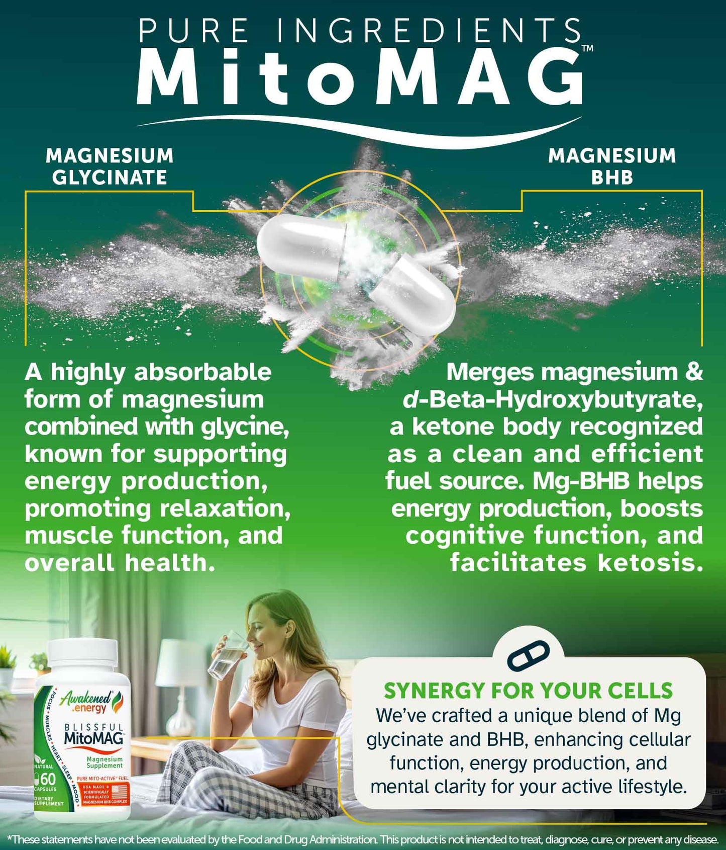 Awakened.energy Blissful MitoMag 300mg Elemental Magnesium Complex, Capsule, 60 Count