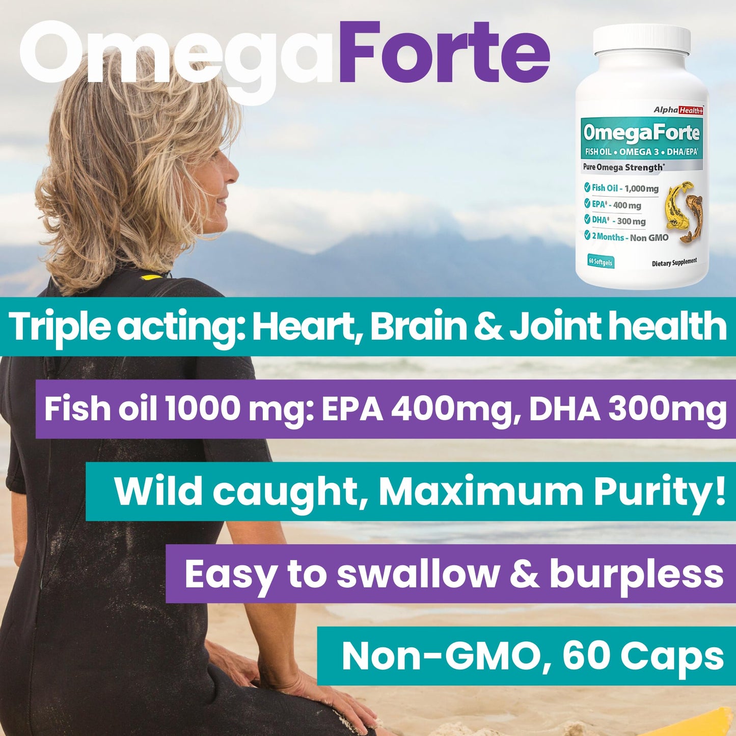 AlphaHealth+ OmegaForte Naturals Omega-3 Fish Oil Supplement Capsules 60 Count