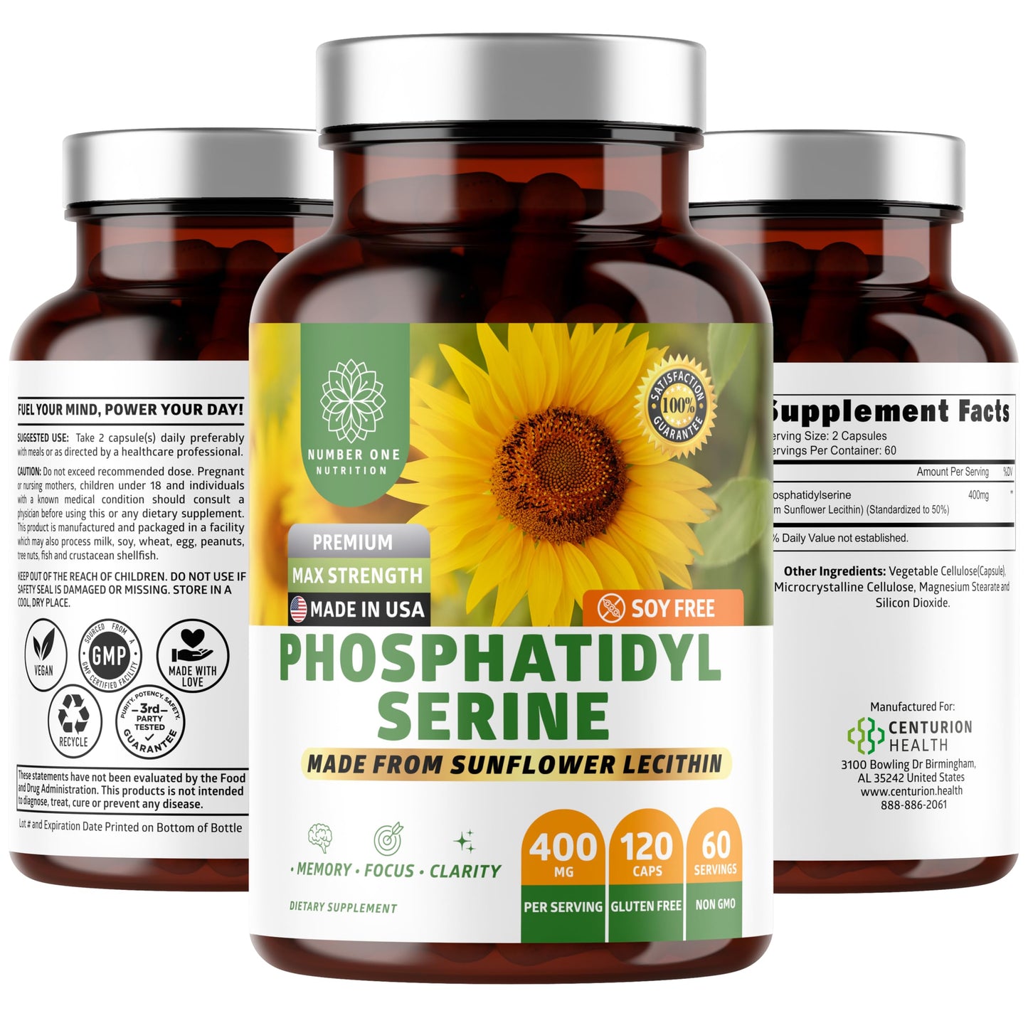 Number One Nutrition Premium Phosphatidylserine 400mg Derived from Sunflower Lecithin Capsules, 120 Count