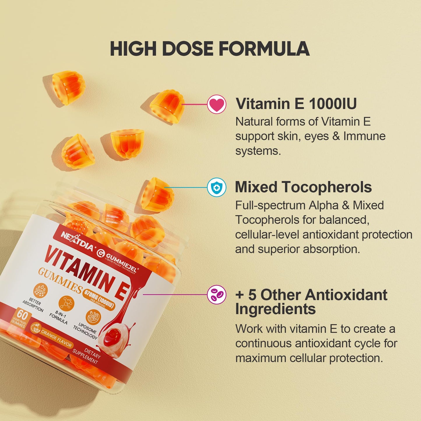 Nextdia Liposomal Vitamin E Gummies 1000IU, Natural Form of Vitamin E Mixed Tocopherol, 60 Gummies