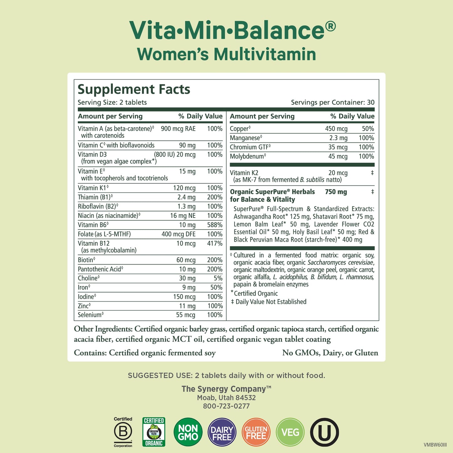 PURE SYNERGY Vita·Min·Balance Multivitamin for Women with Iron Tablets 60