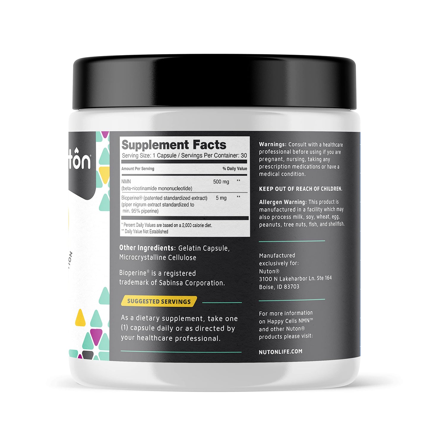 Nuton Happy Cells NMN Supplement with Bioperine for Healthy Aging & Cellular Repair - NAD+ Supplement - Protects DNA, Promotes Skin Health & Brain Function - Vegan - Non-GMO Formula, 30 Capsules