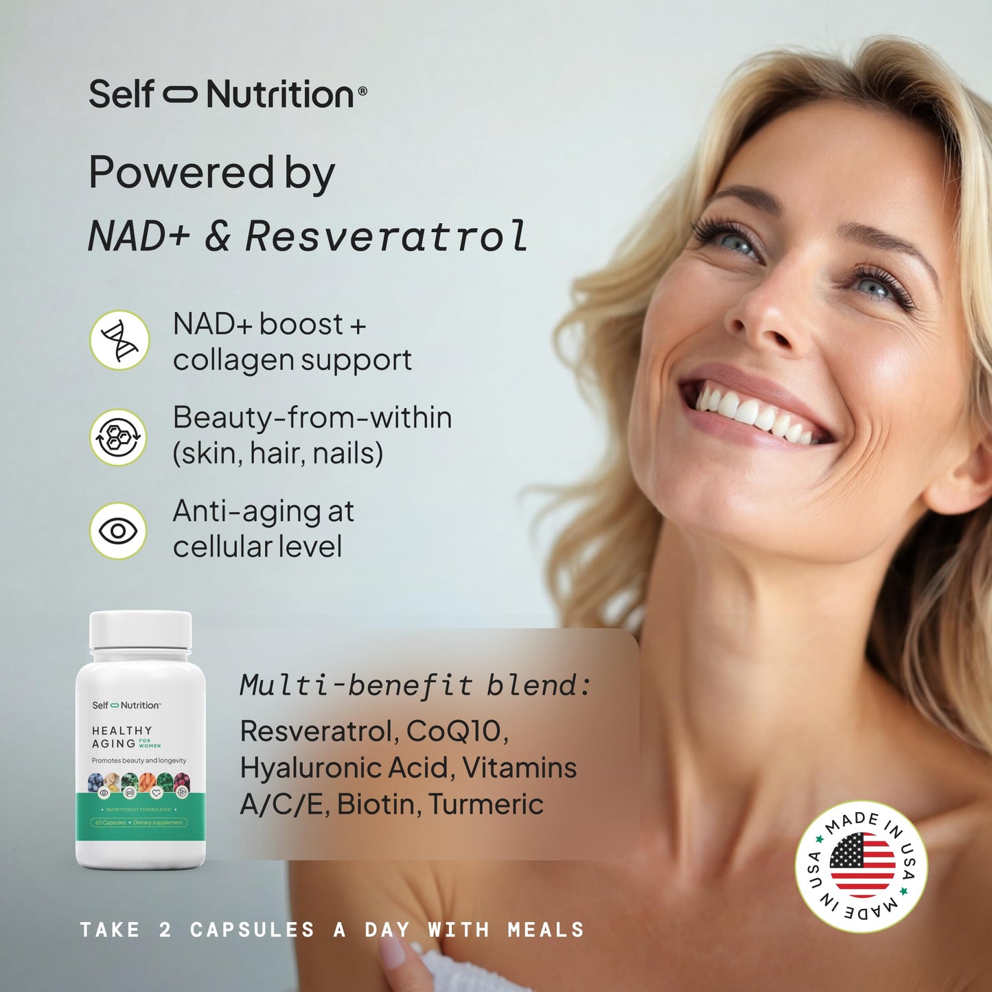 SELF NUTRITION NAD+ Resveratrol Supplement for Women – Healthy Aging Formula with CoQ10, Biotin, Turmeric & Vitamins A, C, E – Capsule, 60 Count