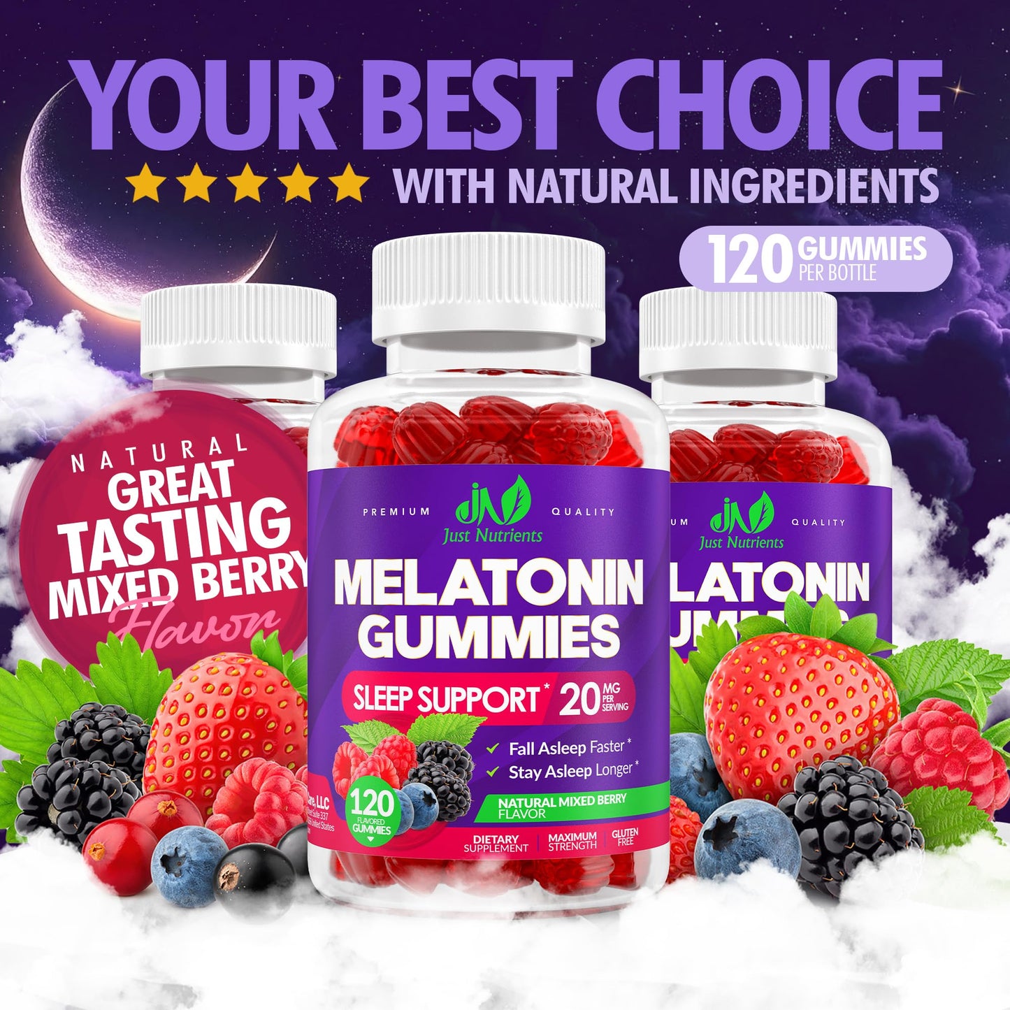 Just Nutrients Melatonin 20mg Gummies, 120 Count