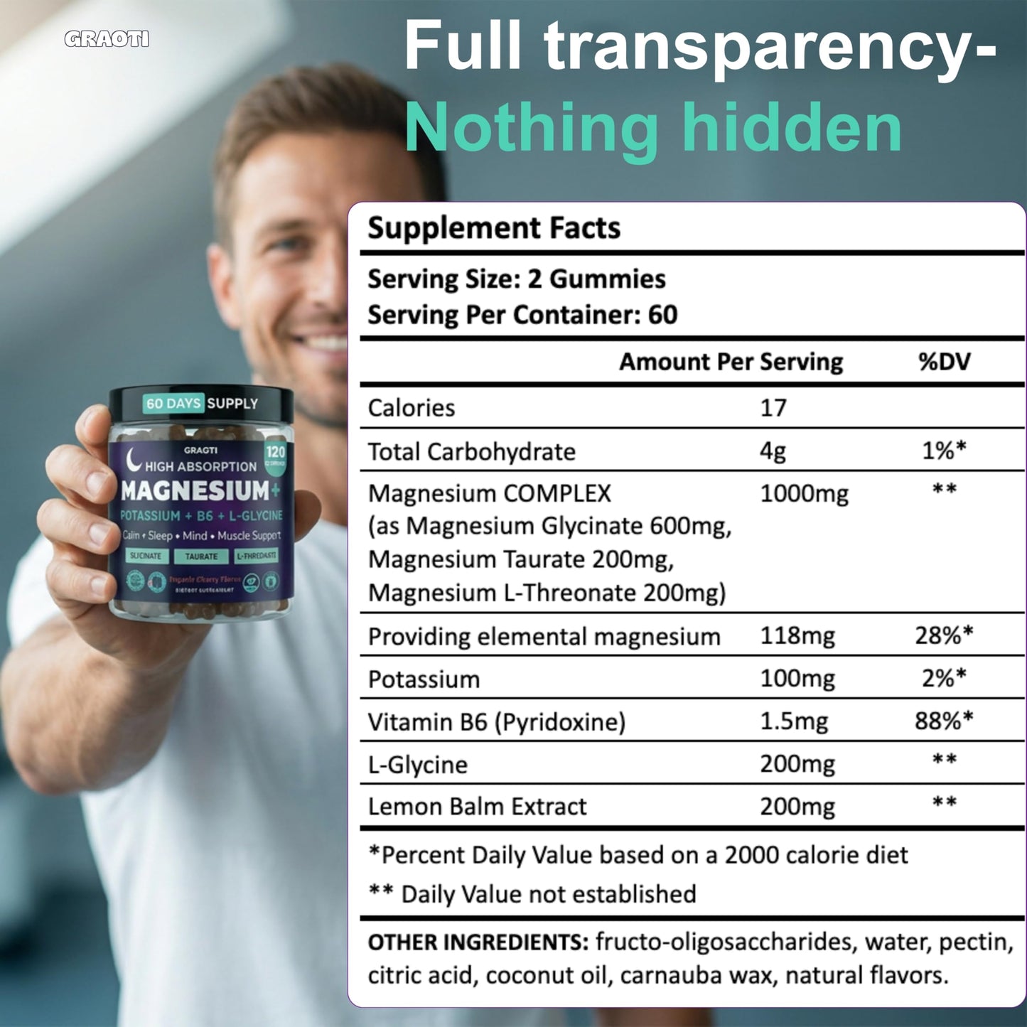 GRAOTI Magnesium Gummies 1000 mg/Serv with B6, 120 Gummies
