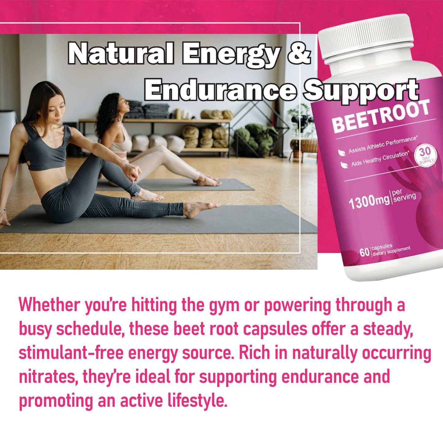 LIMYGOO Beet Root Capsules 1300mg Beetroot Powder for Natural Energy & Endurance Support, Non-GMO, 60 Capsules