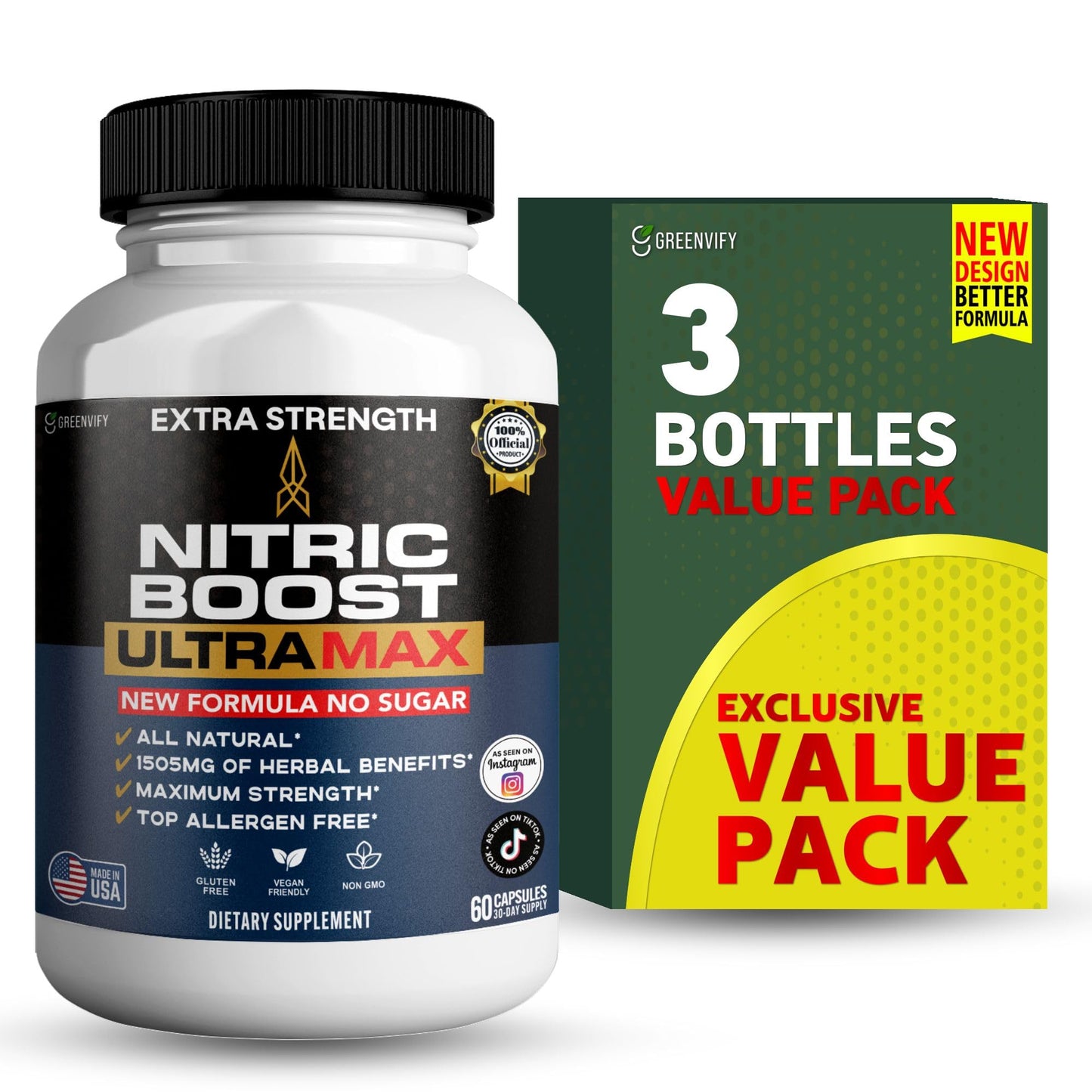 GREENVIFY Nitric Boost UltraMax Extra Strength Maca Root Complex Herbal Blend 60 Capsules