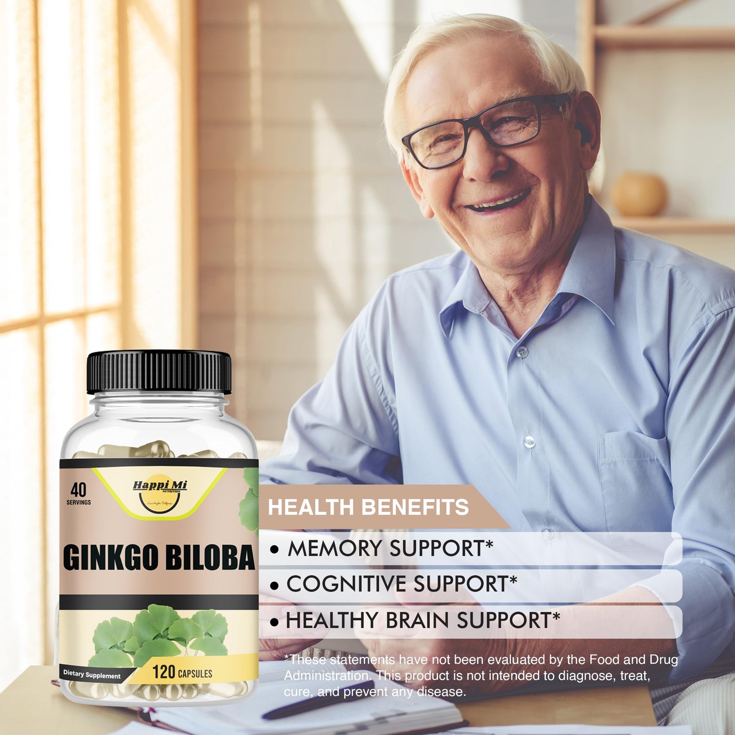 Happi Mi Nutrition Ginkgo Biloba Organic 1800mg Capsules, 120 Count