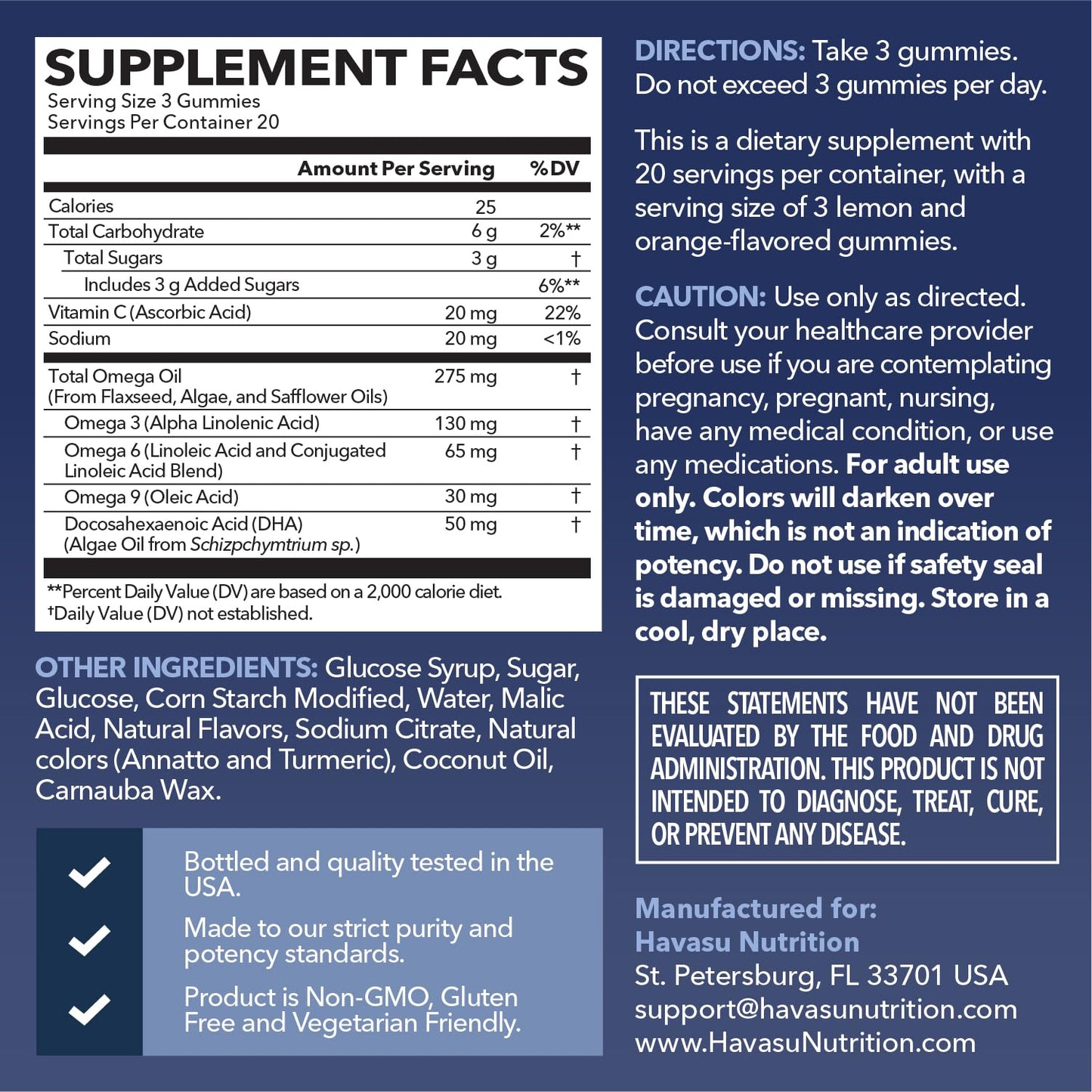 HAVASU NUTRITION Omega-3-6-9 + DHA Gummies for Adults, Plant-Based Fish Oil Alternative with Chia Seed Oil and Algae, Lemon and Orange Flavors, Vegetarian Friendly, 60 Gummies