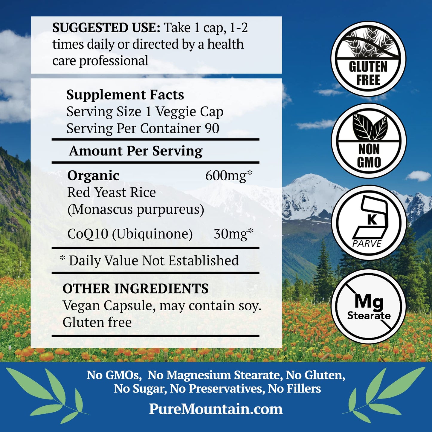 Pure Mountain Botanicals Red Yeast Rice with CoQ10 Capsules, 90 Count