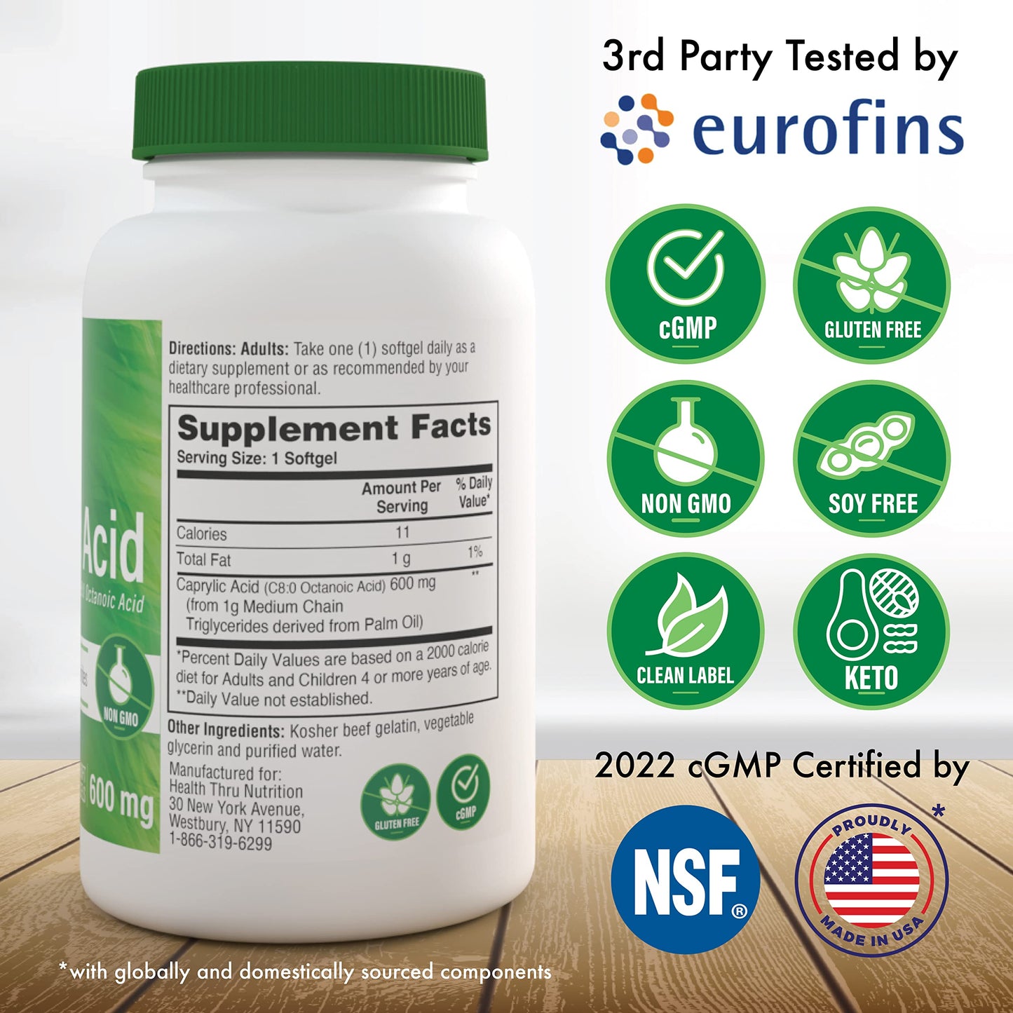 Health Thru Nutrition Caprylic Acid 600mg Softgels, 200 Count