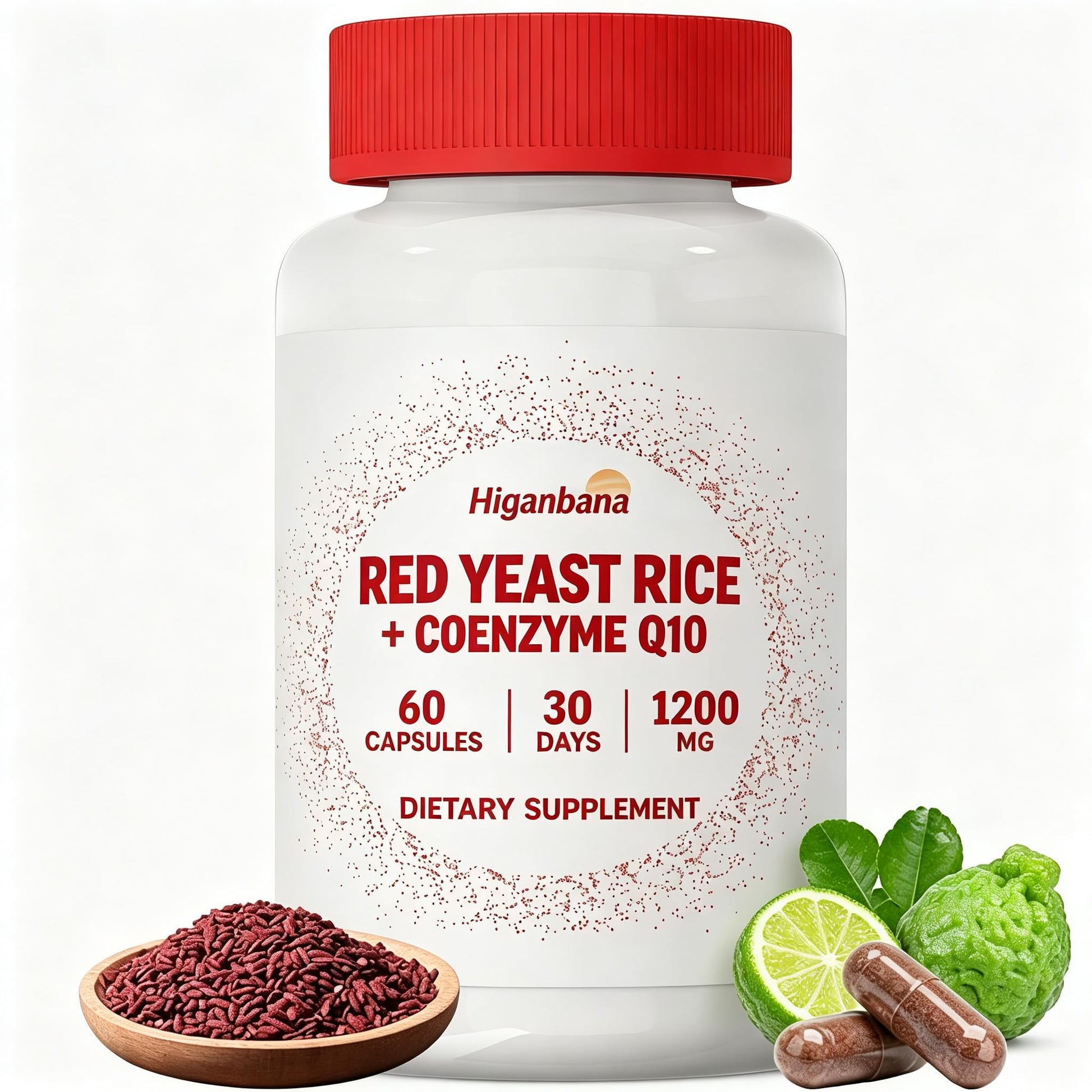 Higanbana Red Yeast Rice 1200mg with CoQ10 100mg & Citrus Bergamot 500mg - 3 in 1 Heart Health & Healthy Cholesterol Support Supplement - Cardiovascular Health Formula, 60 Capsules