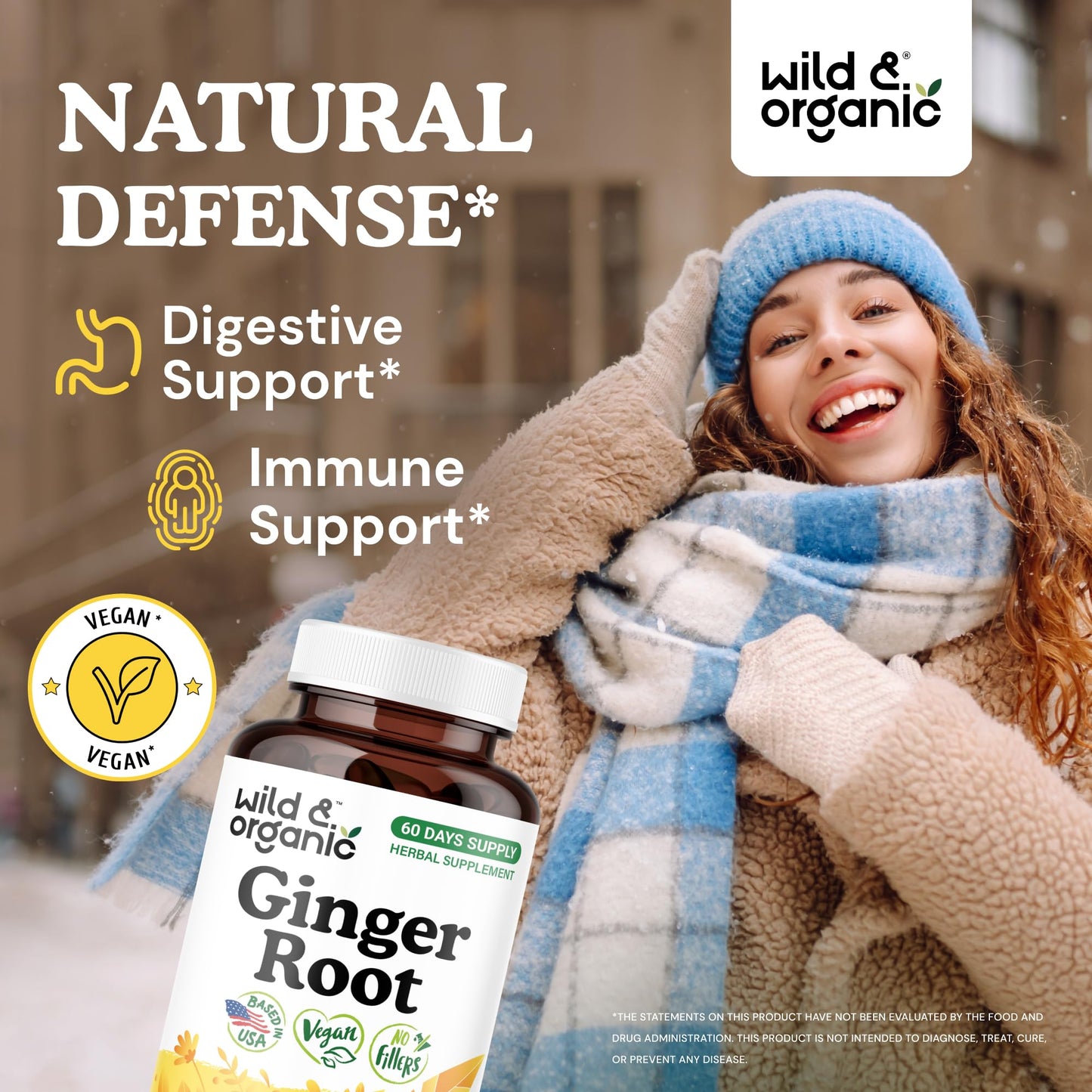 Wild & Organic Ginger Root Capsules 1200 mg - Immune & Digestive Support - Ginger Root Supplement - Zingiber Officinale Powder - 60 Days of Supply - Vegan, No Fillers, Non-GMO - 120 Count