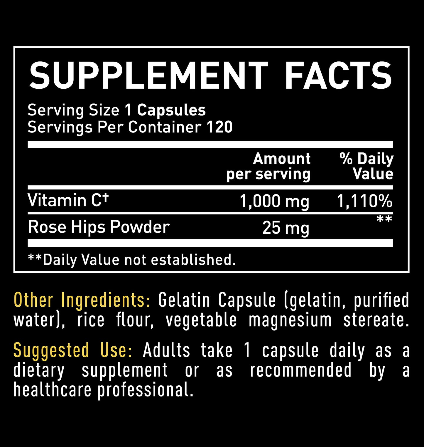 Zeal Naturals Vitamin C with Rose Hips 1000mg - Pure Ascorbic Acid Supplement - High Dose Vitamin C Capsules, 120 Count