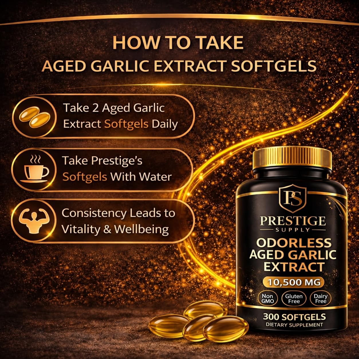 Prestige Supply Aged Garlic Extract Odorless Garlic Supplements with Magnesium, Chromium, B1 & B9 Softgels 300 Count