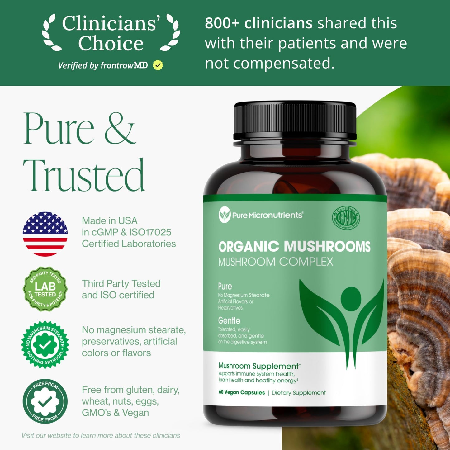 Pure Micronutrients Organic Mushroom Supplement Lions Mane Reishi Cordyceps 60 Capsules
