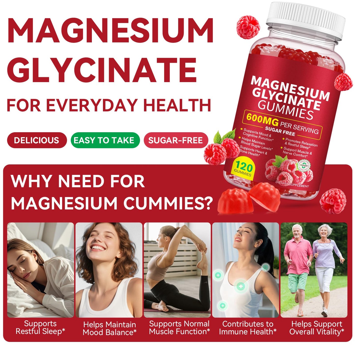 YEMFGQOE Magnesium Glycinate Gummies 600mg High Absorption Magnesium with L-Threonate, Sugar-Free & Non-GMO, 120 Count