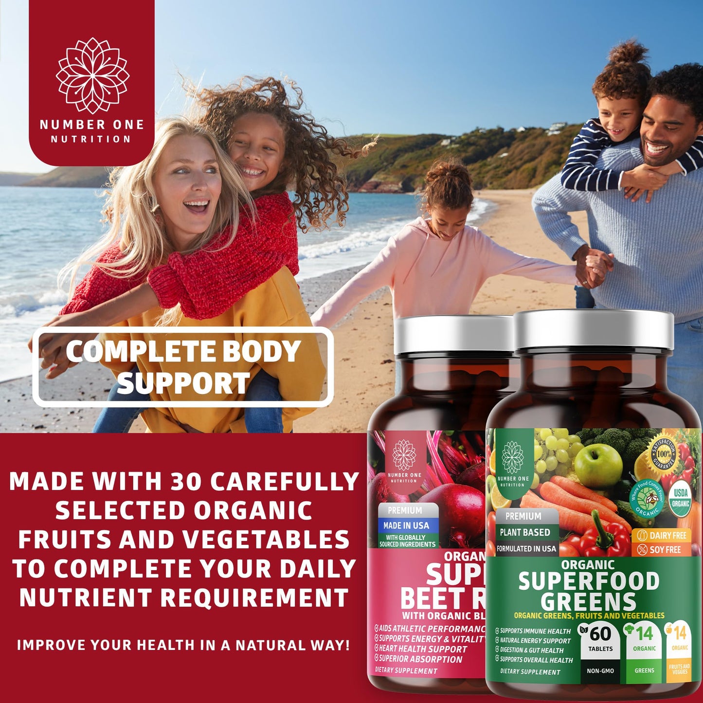 Number One Nutrition N1N Premium and Organic Superfood Greens and Beet Root Tablets, 120 Tablets