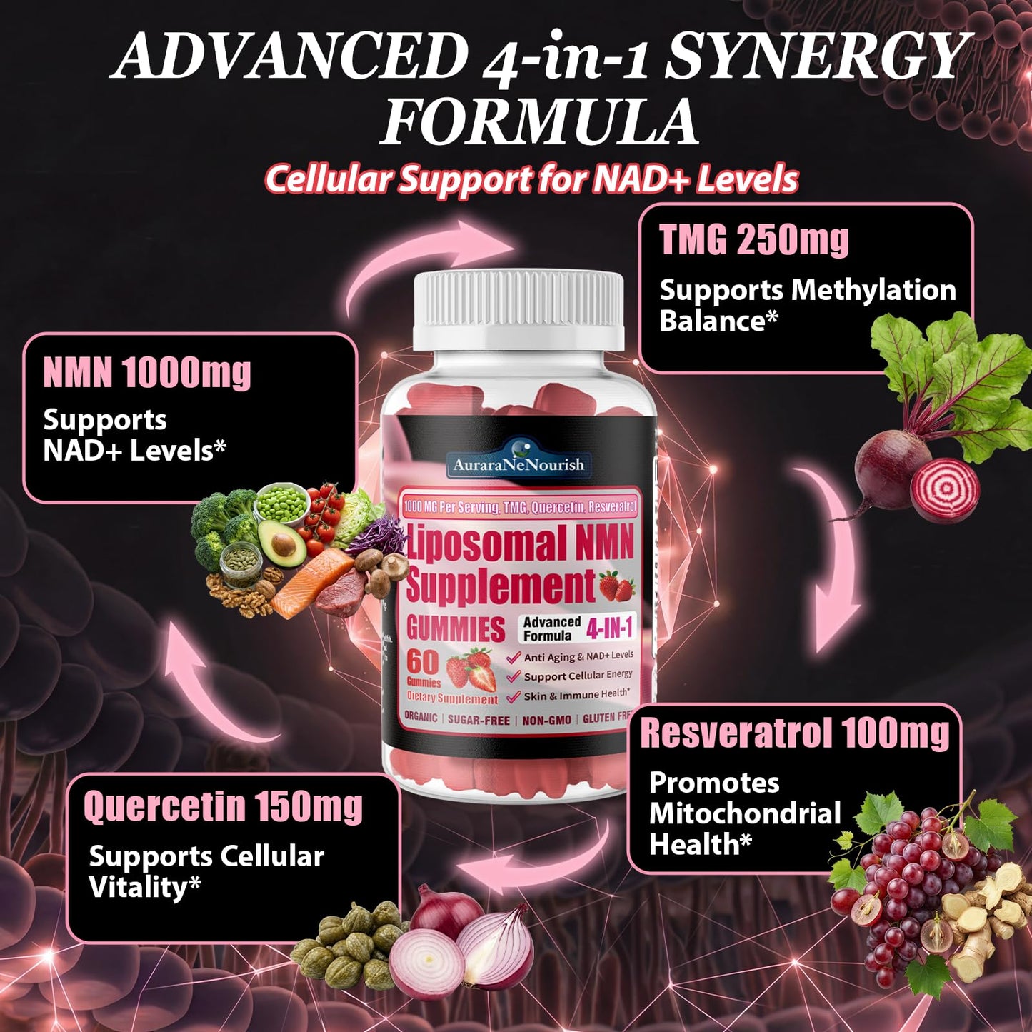 AuraraNeNourish NMN 1000mg Liposomal Gummies with Resveratrol, Quercetin & TMG NAD+ Support, 60 Count