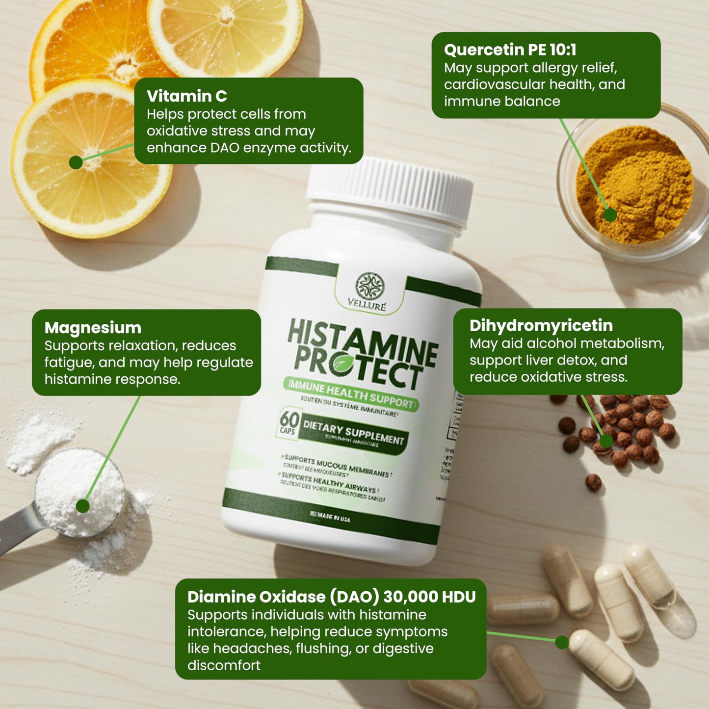 Velluré DAO Enzyme Supplement Histamine Blocker, Diamine Oxidase 30,000 HDU, with Quercetin, Magnesium & Vitamin C, 60 Capsules