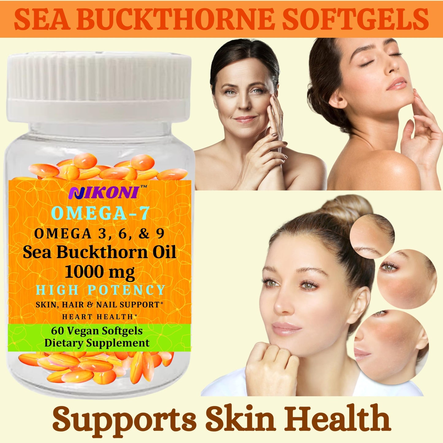Nikoni Organic Vegan Sea Buckthorn Oil with Omega-7 for Healthy Skin, Hair, Nails Support Softgels, 120 Count