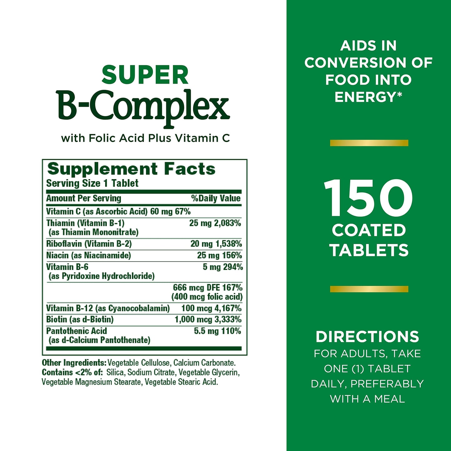 Nature's Bounty Super B Complex with Vitamin C & Folic Acid, Immune & Energy Support, 150 Tablets