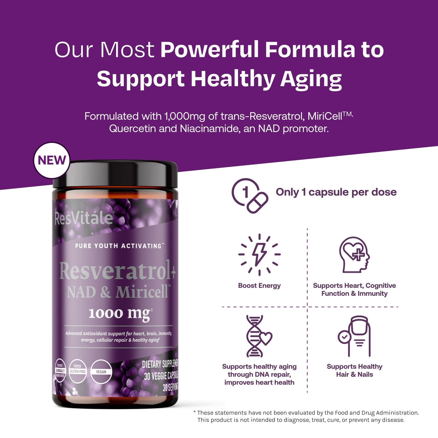 ResVitale Resveratrol + NAD & Miricell 1000 mg - Advanced Antioxidant Support for Brain, Heart, Energy & More - 30 Veggie Capsules