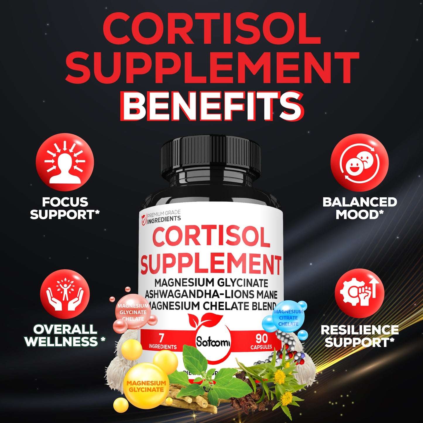 Satoomi 7in1 Cortisol Supplement Magnesium Glycinate with Ashwagandha, Magnesium Glycinate and Citrate Capsules, 90 Count