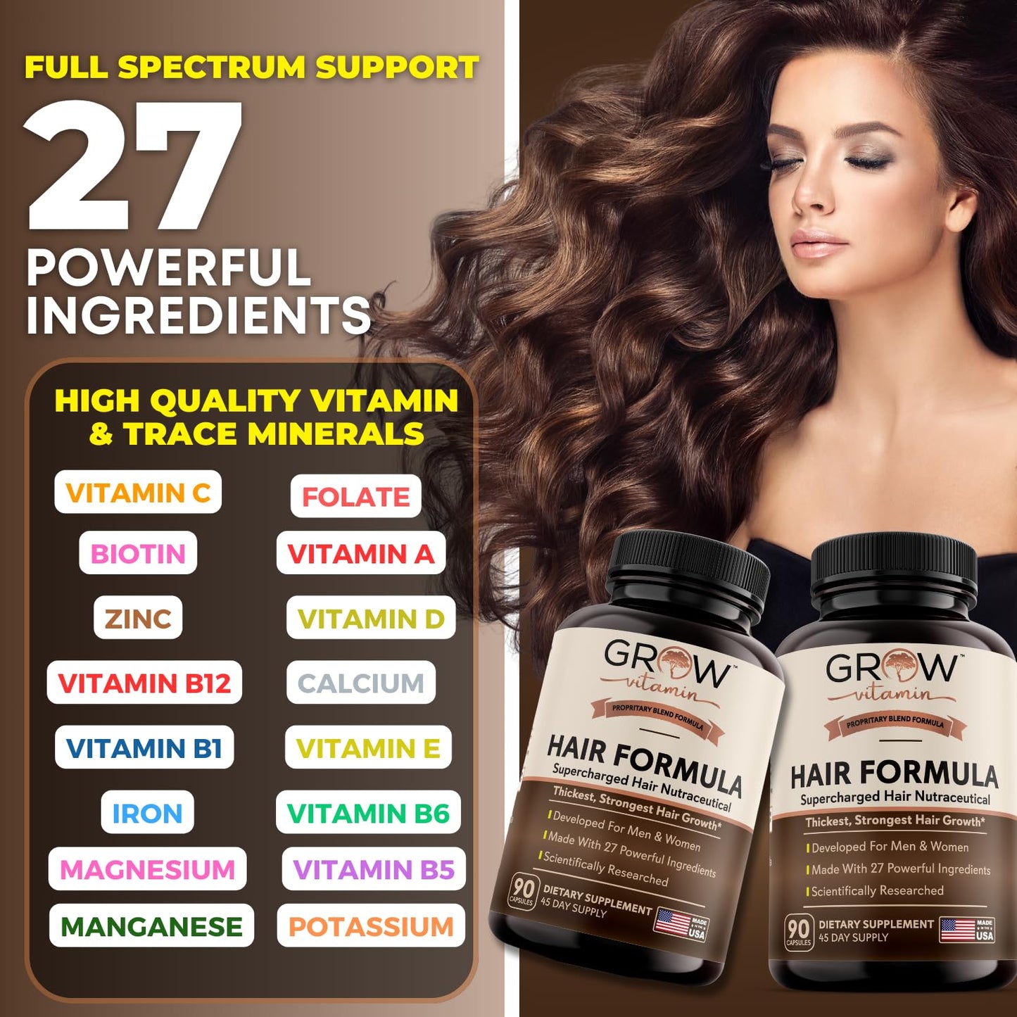 grow vitamin All in One Hair Formula for Men & Women - Advanced Hair Formula Includes Biotin, Saw Palmetto, DHT Blocker & Trace Minerals - Hair Supplement for Hair, Skin & Nails - 90 Gummies
