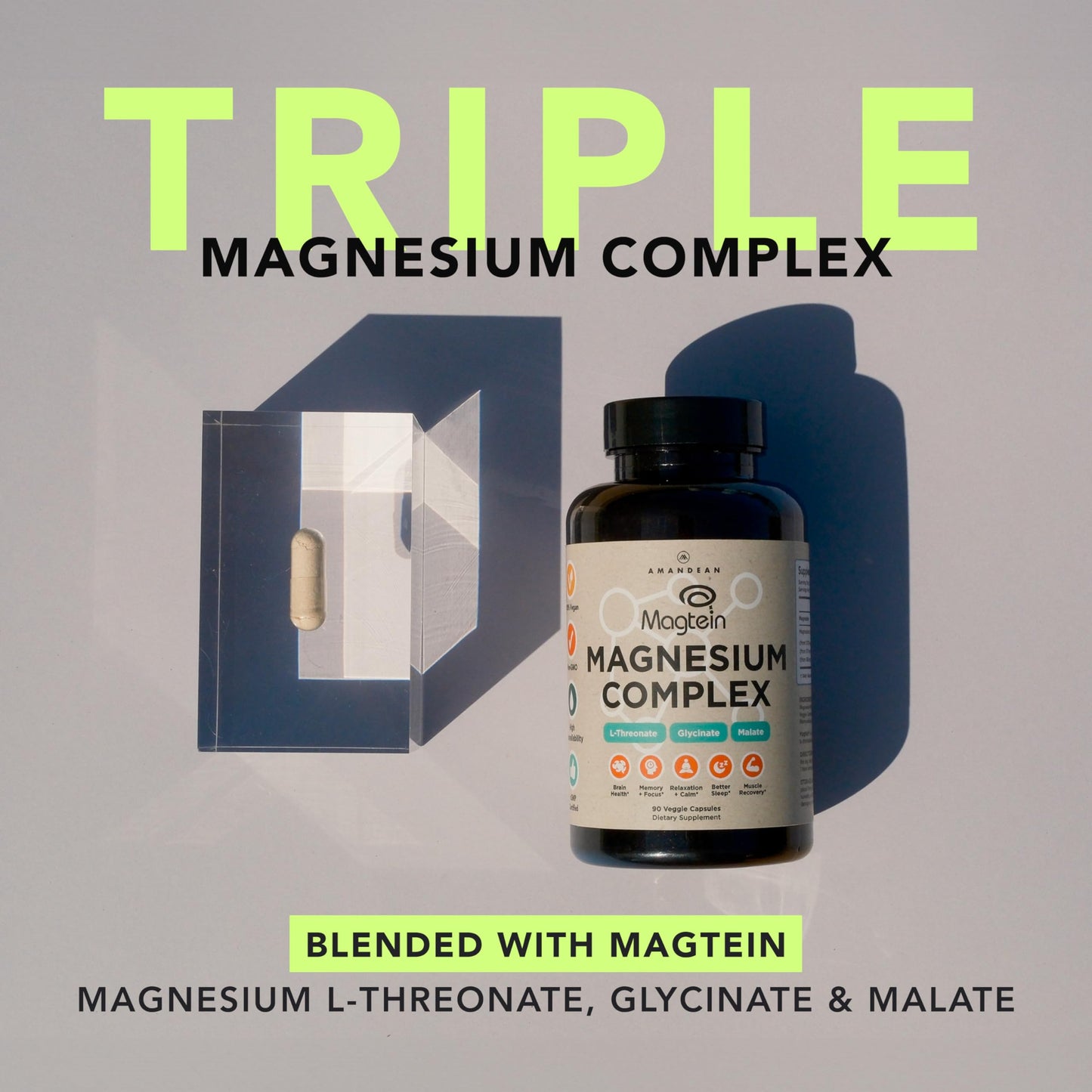 AMANDEAN Magtein Magnesium Complex L-Threonate, Glycinate, Malate Triple Blend Chelated Magnesium Supplement Capsule, 90 Count