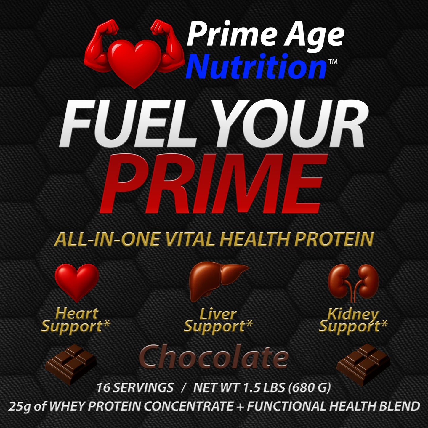 Prime Age Nutrition Whey Protein Powder, Chocolate Flavor, with CoQ10 and Magnesium, Supports Circulation & Liver Function, 24.4 oz