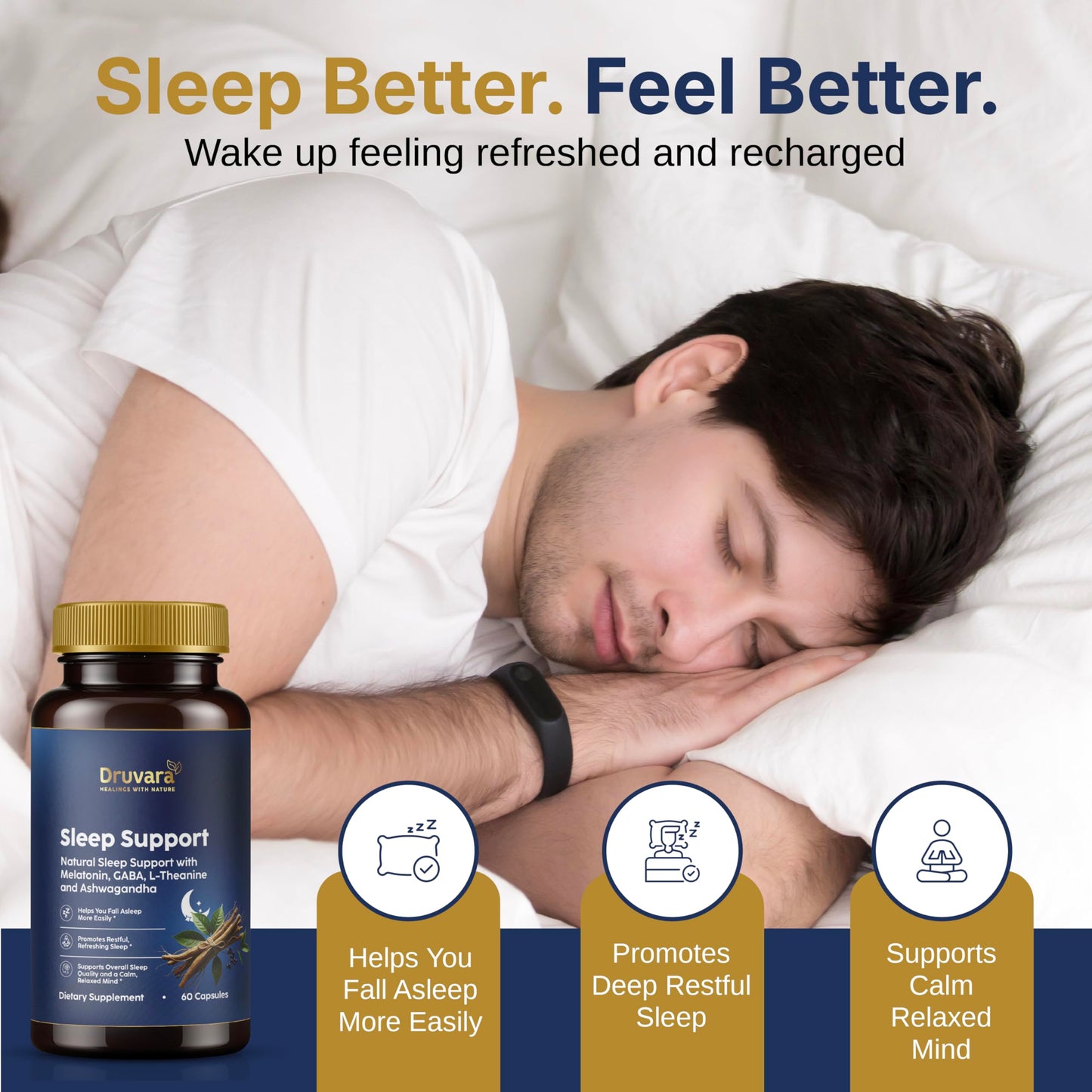 Druvara Natural Sleep Aid for Adults with Melatonin, GABA, L-Theanine & Ashwagandha, 60 Capsules