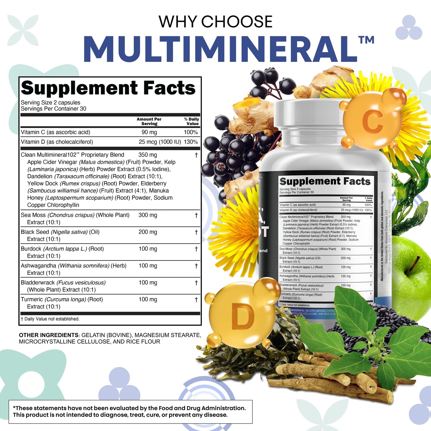 Clean Nutraceuticals Sea Moss Black Seed Oil Ashwagandha Turmeric Bladderwrack Burdock & Vitamin C Vitamin D3 with Elderberry Manuka Dandelion Yellow Dock Iodine Chlorophyll ACV Capsules 60 Count