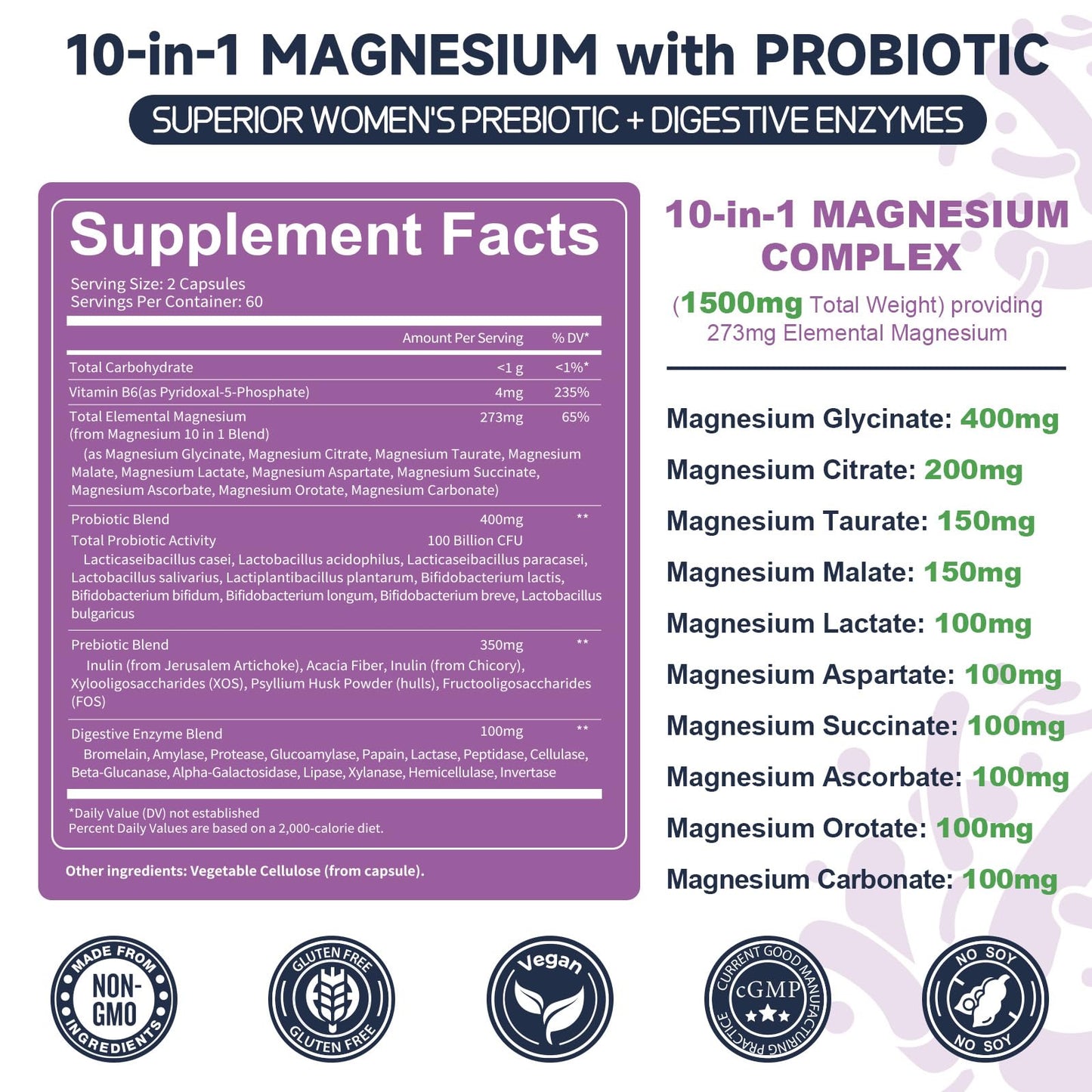 Totaria Magnesium Complex Supplement with Probiotics, Prebiotics & Digestive Enzymes Capsule, 120 Count